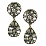Teardrop Topax Diamond Slice Pierced Earrings  Oxidized and Yellow Gold