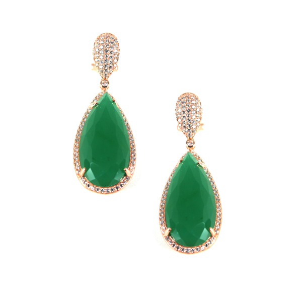 Green Onyx and Cubic Zirconia Tear Drop Pierced Earrings  Rose Gold Plated  2" L X 1 1/2" W