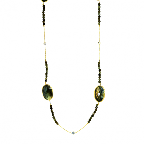 Long Triple Warpstone Necklace with Cubic Zirconia  Yellow Gold Plated