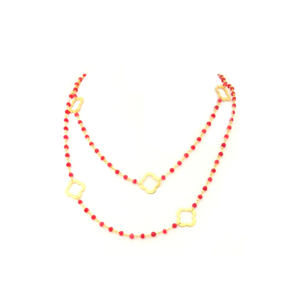 Ruby Stone Flower Station Necklace  Yellow Gold Plated