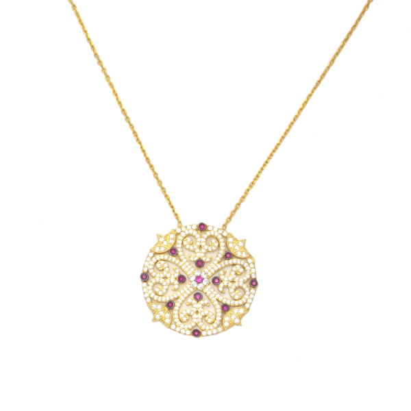 Round Filigree Disc Pendant with Cubic Zirconia and Pink Swarovoski Crystals  Yellow Gold Plated