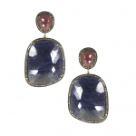 Large Red and Blue Sapphire and Diamond Slice Drop Pierced Earrings  Yellow Gold
