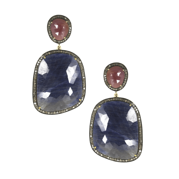 Large Red and Blue Sapphire and Diamond Slice Drop Pierced Earrings  Yellow Gold