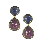 Blue and Red Sapphire and Diamond Slice Double Drop Pierced Earrings  Gold Plated