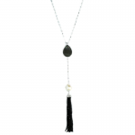 Grey Mother of Pearl Long Necklace with Faux Diamond Detail and Mother of Pearl Pendant with Black Bead Tassel
