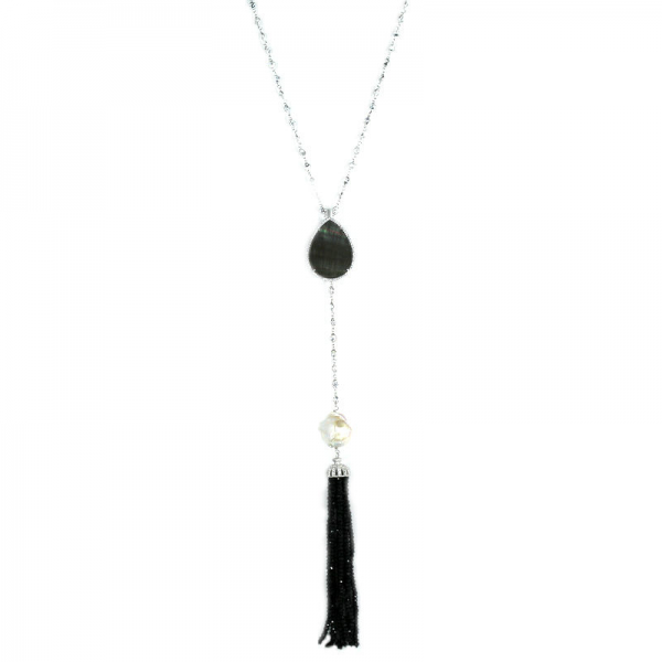 Grey Mother of Pearl Long Necklace with Faux Diamond Detail and Mother of Pearl Pendant with Black Bead Tassel