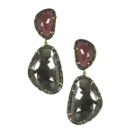 Red and Grey Sapphire and Real Diamond Double Teardrop Pierced Earrings   Yellow Gold