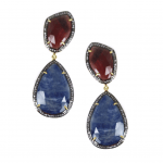 Blue and Red Sapphire Cubic Zirconia Pierced Earrings  Yellow and Oxidized Gold Plated
