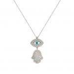 Double Drop Necklace with Evil Eye and Hamsa Pendant