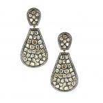 Large Teardrop Diamond Slice Pierced Earrings   Yellow Gold and Oxidized over Silver