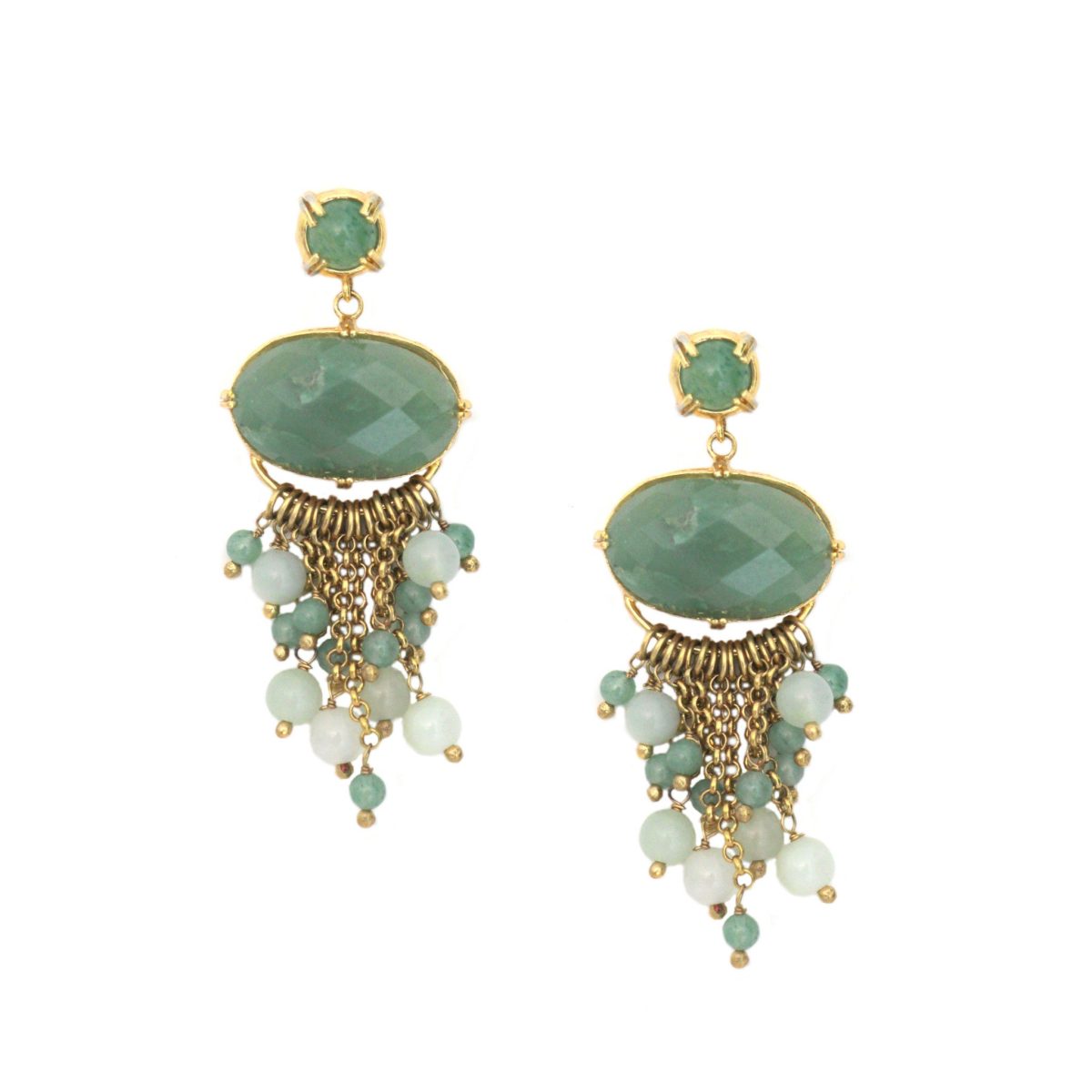 Chandelier Green Onyx Drop Earrings  Yellow Gold Plated