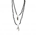 Black Lava Beaded Necklace with Pave Wishbone and Horn Tusk Pendant