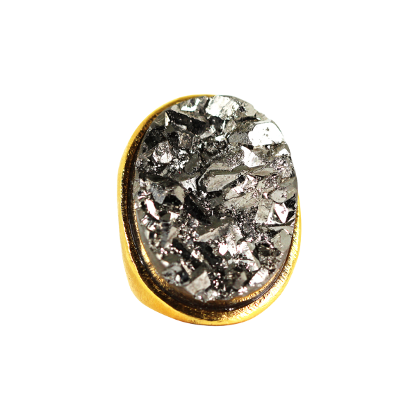 Titanium Druzy Surrounding Oval Stone Ring  Yellow Gold Plated