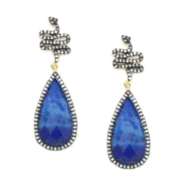 Lapis Stone and Oxidized Cubic Zirconia Snake Pierced Earrings  Yellow Gold Plated