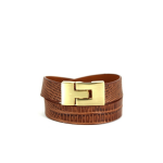 Genuine Beige Lizard and Metal Double Bracelet  Yellow Gold Plated