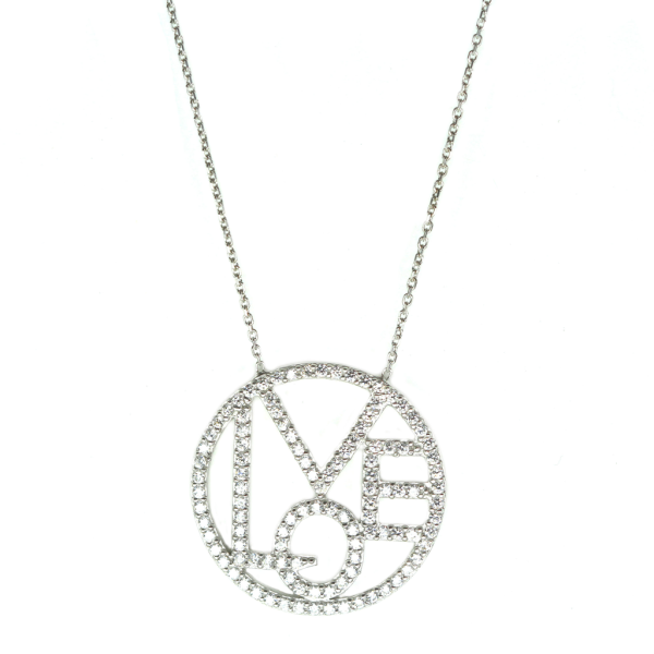 Round LOVE Pendant with Cubic Zirconia Necklace White Gold Plated