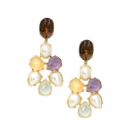 Amethyst, Prehnite, Citrine Stone Fume Quartz and Shell Pearl Drop Earrings  Yellow Gold Plated