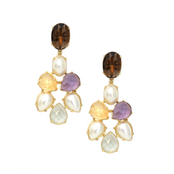 Amethyst, Prehnite, Citrine Stone Fume Quartz and Shell Pearl Drop Earrings  Yellow Gold Plated