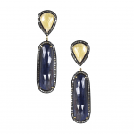 Yellow and Blue Pave Diamond Slice Double Drop Pierced Earrings  Oxidized Gold Plating