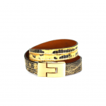 Genuine Grey Lizard and Metal Double Bracelet  Yellow Gold Plated