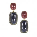 Red and Blue Sapphire and Diamond Slice Double Drop Pierced Earrings  Yellow Gold