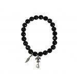 Black Onyx Stretch Bracelet with Feather & Fleur Di Lis Pendant