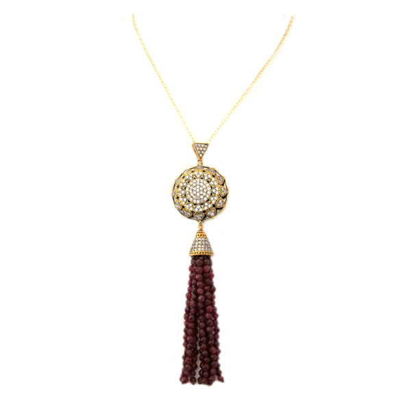 Long Chain with Round Flower Pendant with Cubic Zirconia and Ruby Fringe  Yellow Gold Plated