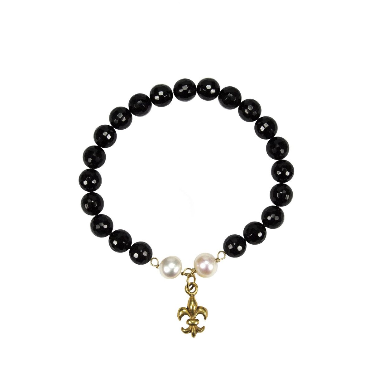 Black Onyx Stretch Bracelet with Pearl and Fleur Di Lis Pendant - Image 1