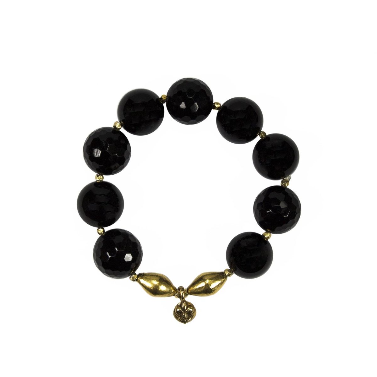 Black Onyx Stretch Bracelet with Fleur Di Lis Pendant - Image 1