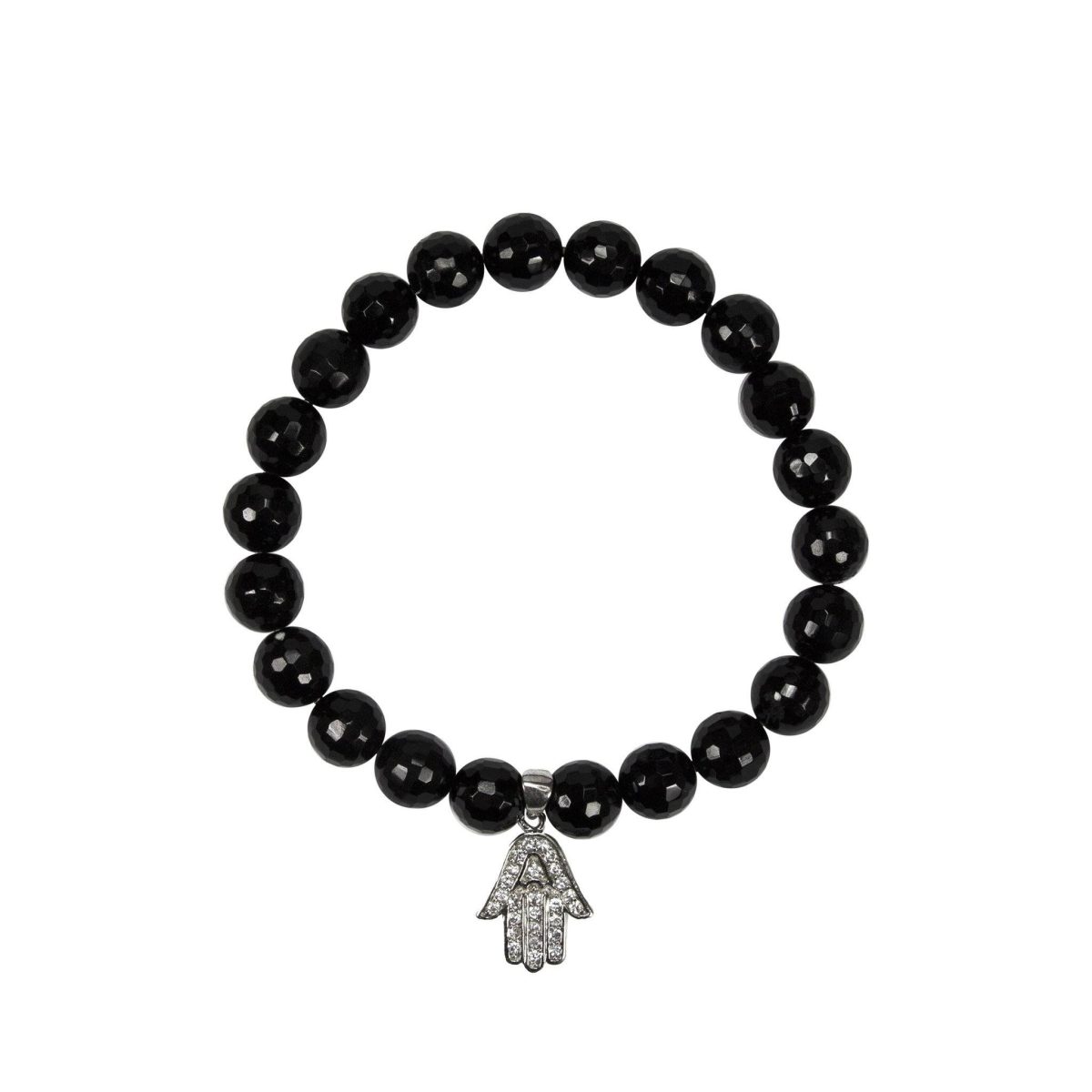 Black Onyx Stretch Bracelet with Hamsa Pendant - Image 1