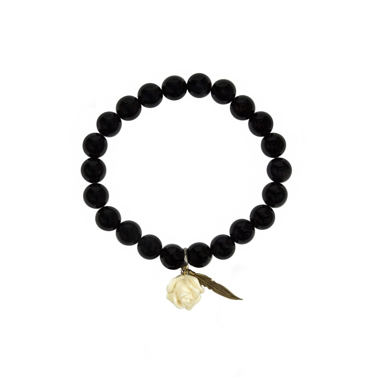 Black Onyx Stretch Bracelet with Flower & Feather Pendant - Image 1