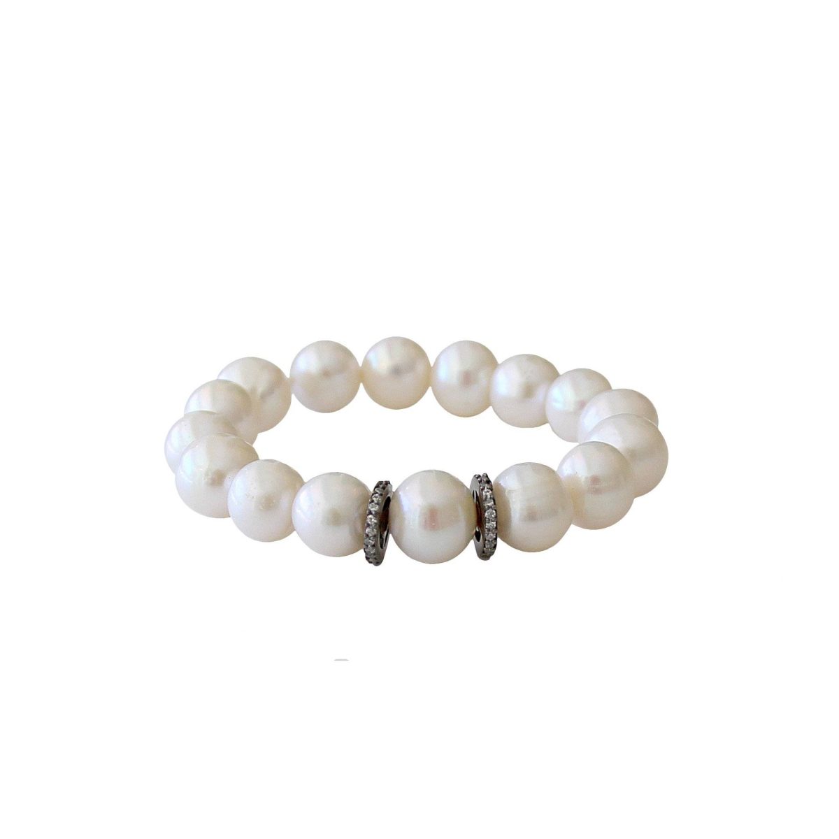 Fresh Water Pearls with Cubic Zirconia Oxidized Charm Stretch Bracelet - Image 1