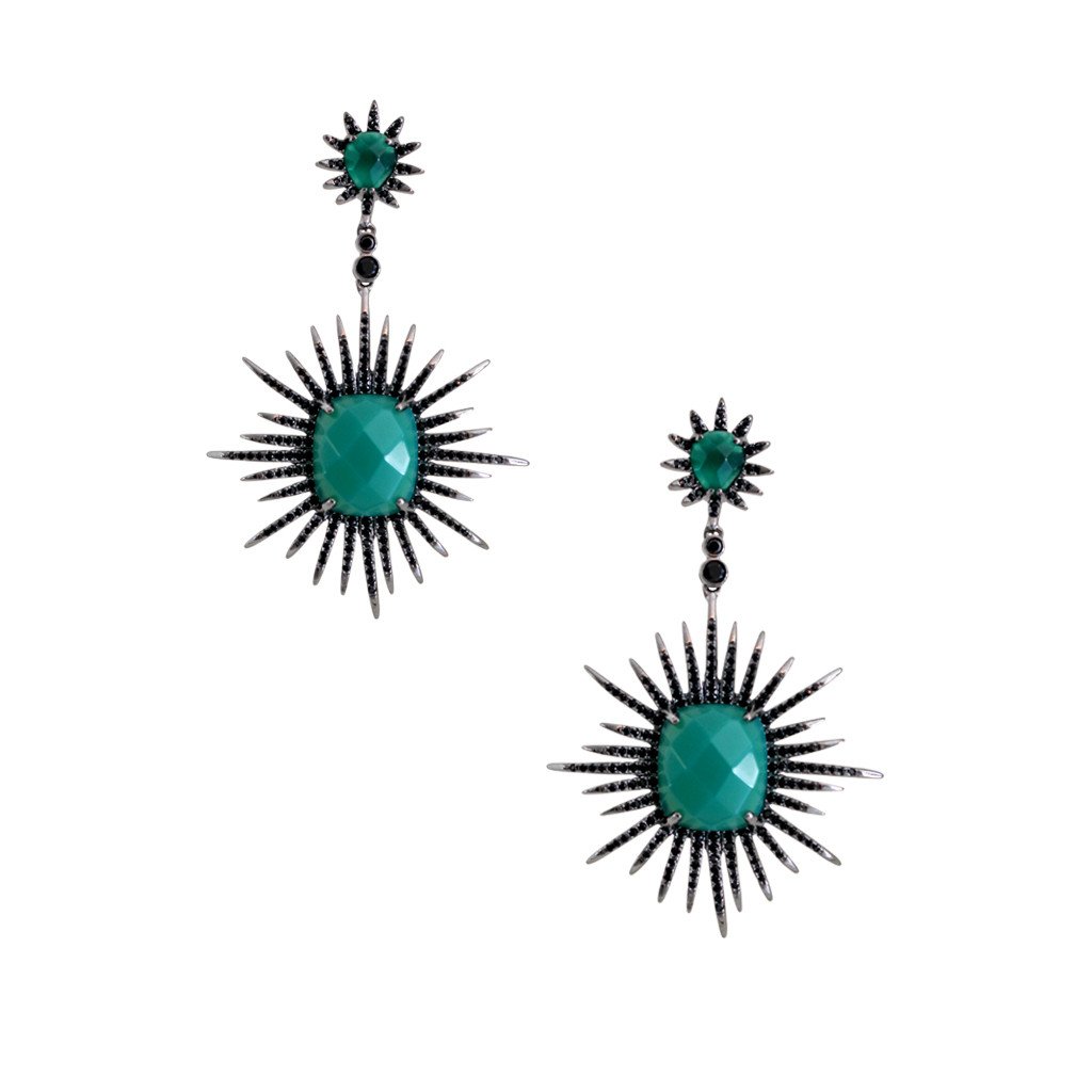 Star Bursting Green Stone Double Drop Earrings - Image 1