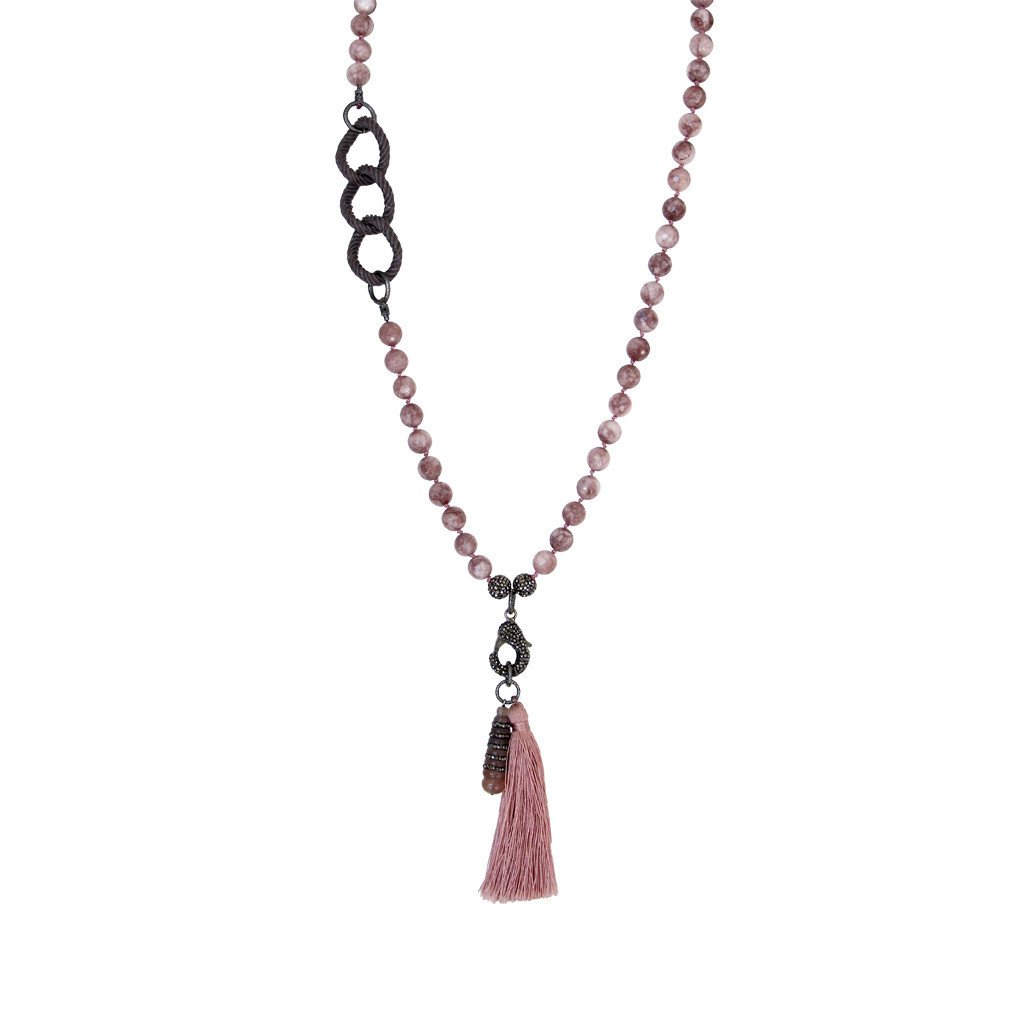 Long Lavender Bead Necklace with Pink Tassel - Image 1