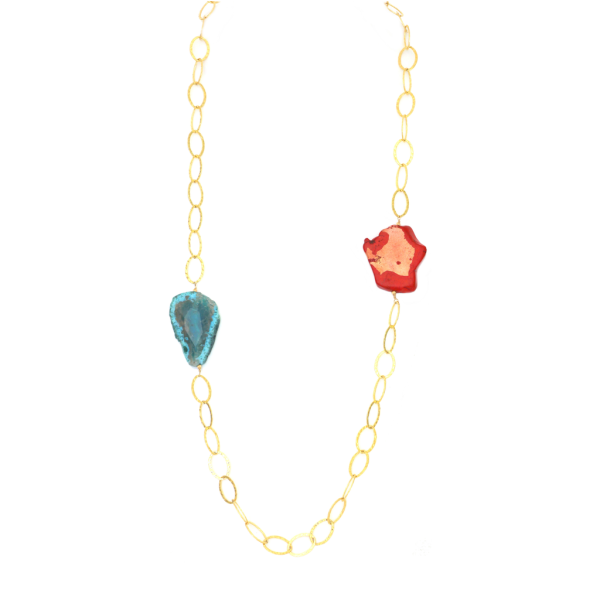 Agate Stones and Red Jasper Necklace Yellow Gold Plated Links