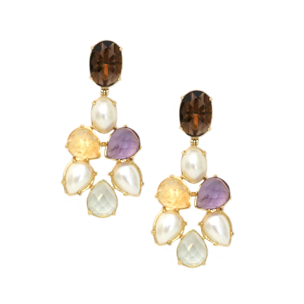 Amethyst, Prehnite, Citrine Stone Fume Quartz and Shell Pearl Drop Earrings  Yellow Gold Plated