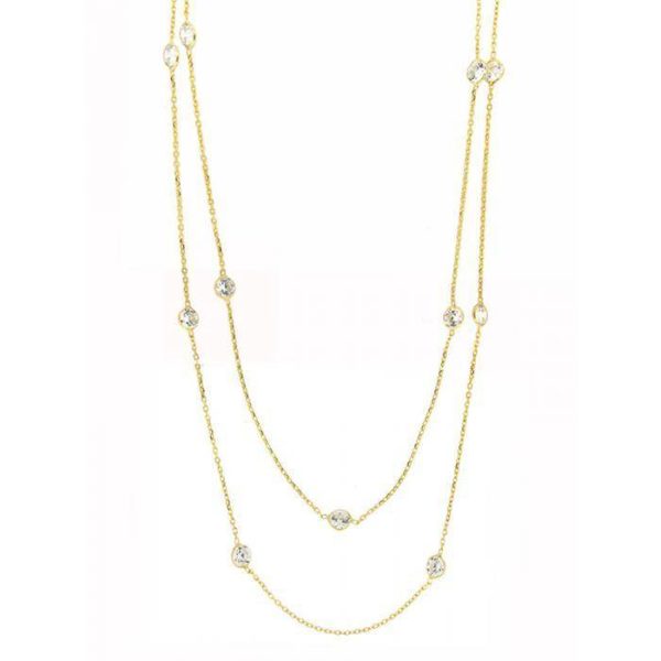 14 Bezel Crystal Chain Necklace  Yellow Gold Plated